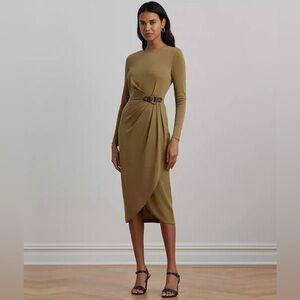 Ralph Lauren Women's Buckle-Trim Stretch Jersey Dress Honey Tan✨ NEW Sz 4